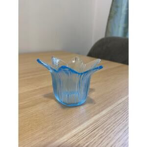 Clear Blue Glass Ribbed Tulip Candle Holder VINTAGE